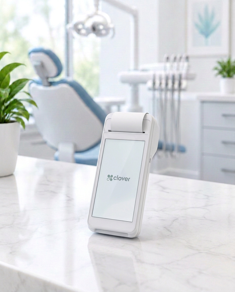 Clover Flex portable wireless payment terminal in a dental office