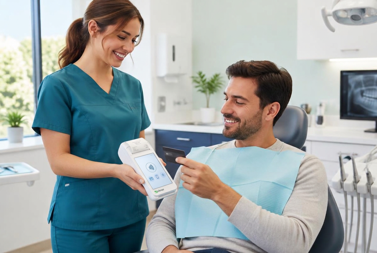 Dental assistant collecting a chairside payment from a patient
