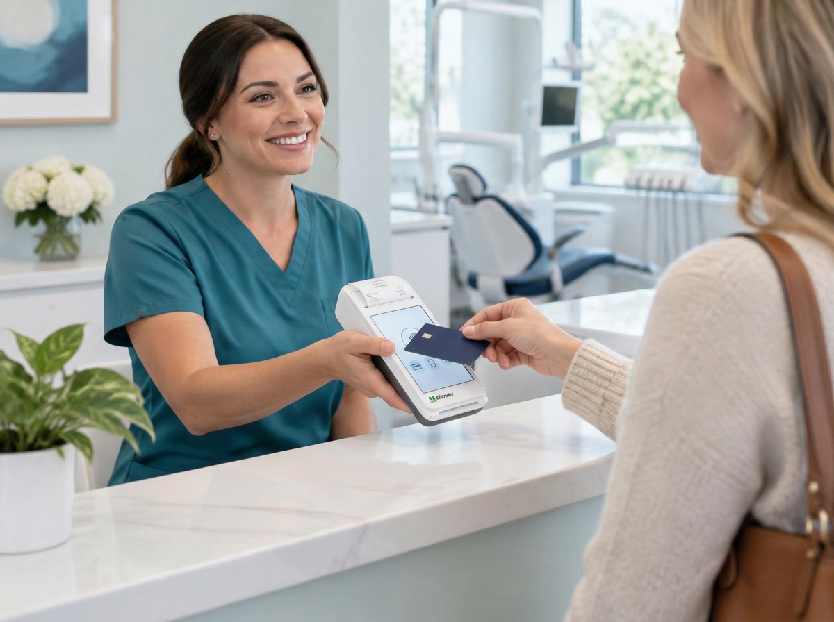 Dental receptionist accepting a contactless patient payment