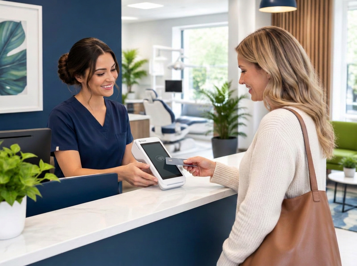 Dental receptionist helping a patient complete a payment