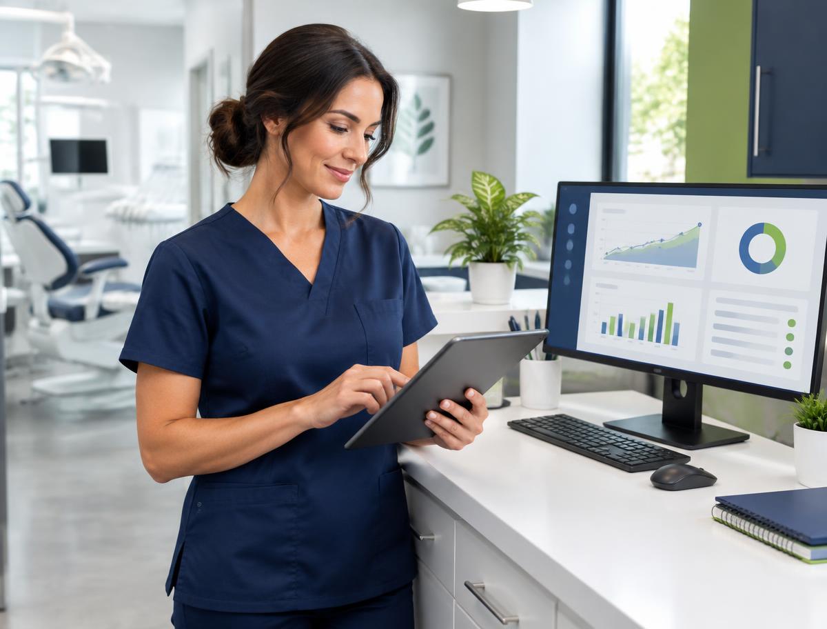 Dental office manager reviewing practice performance tools