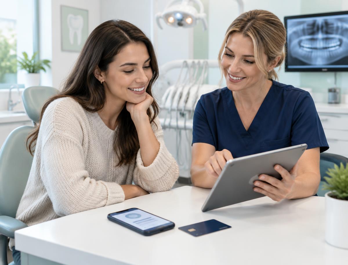 Dental care coordinator reviewing flexible payment options with a patient