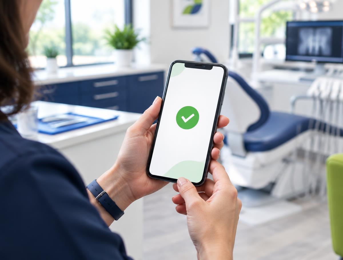 Dental practice manager confirming a successful deposit on a phone