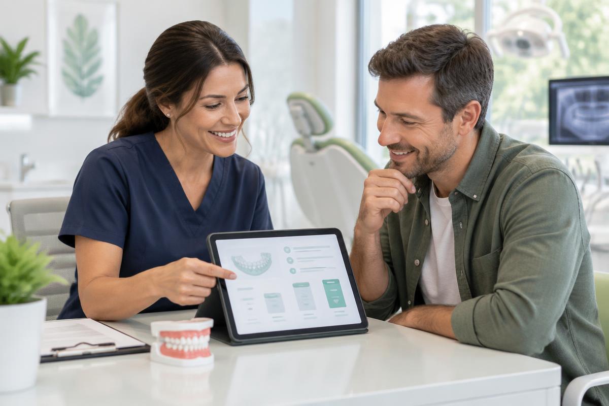 Dental coordinator reviewing a treatment financing plan with a patient